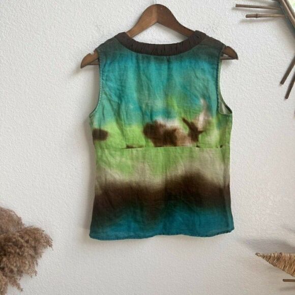 Saint Tropez West Womens Linen Sleeveless Green & Blue Tie Dye Summer Blouse SM - Picture 2 of 11